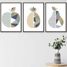 Set of 3 Sage Green, Navy, Mustard Geometric Kitchen Fruit Wall Art
