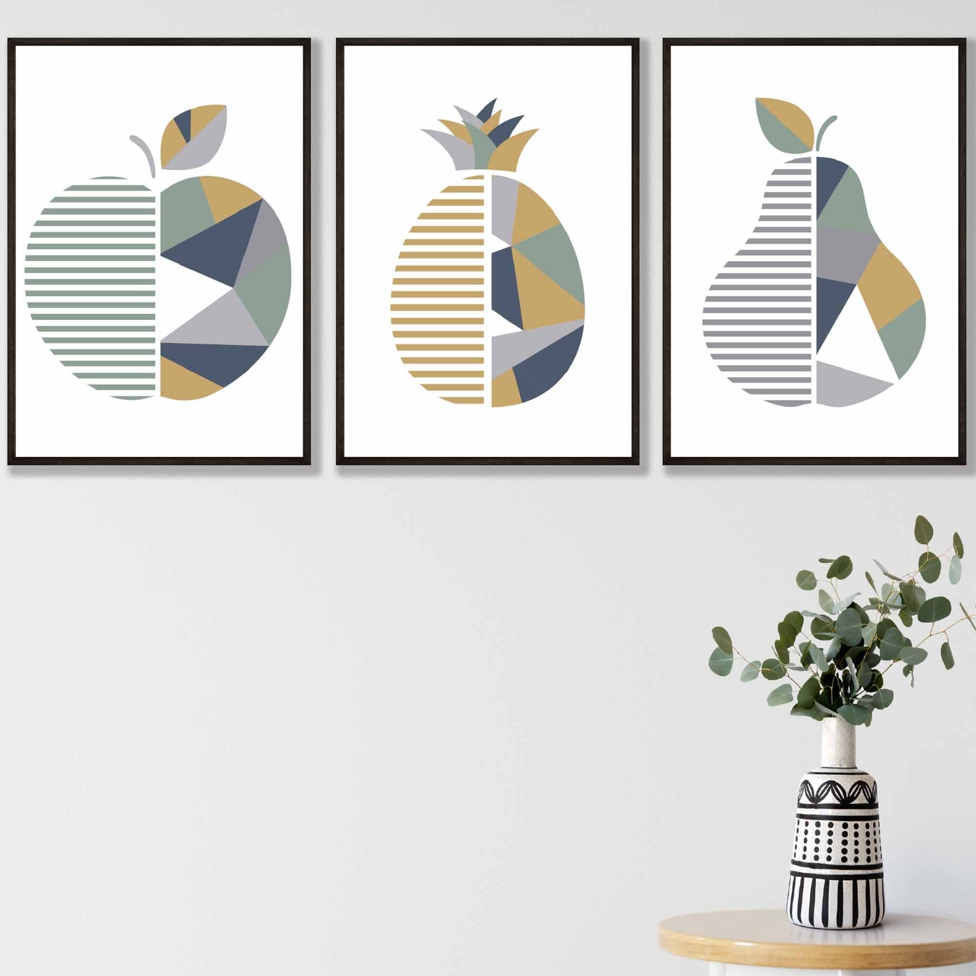 Set of 3 Sage Green, Navy, Mustard Geometric Kitchen Fruit Wall Art