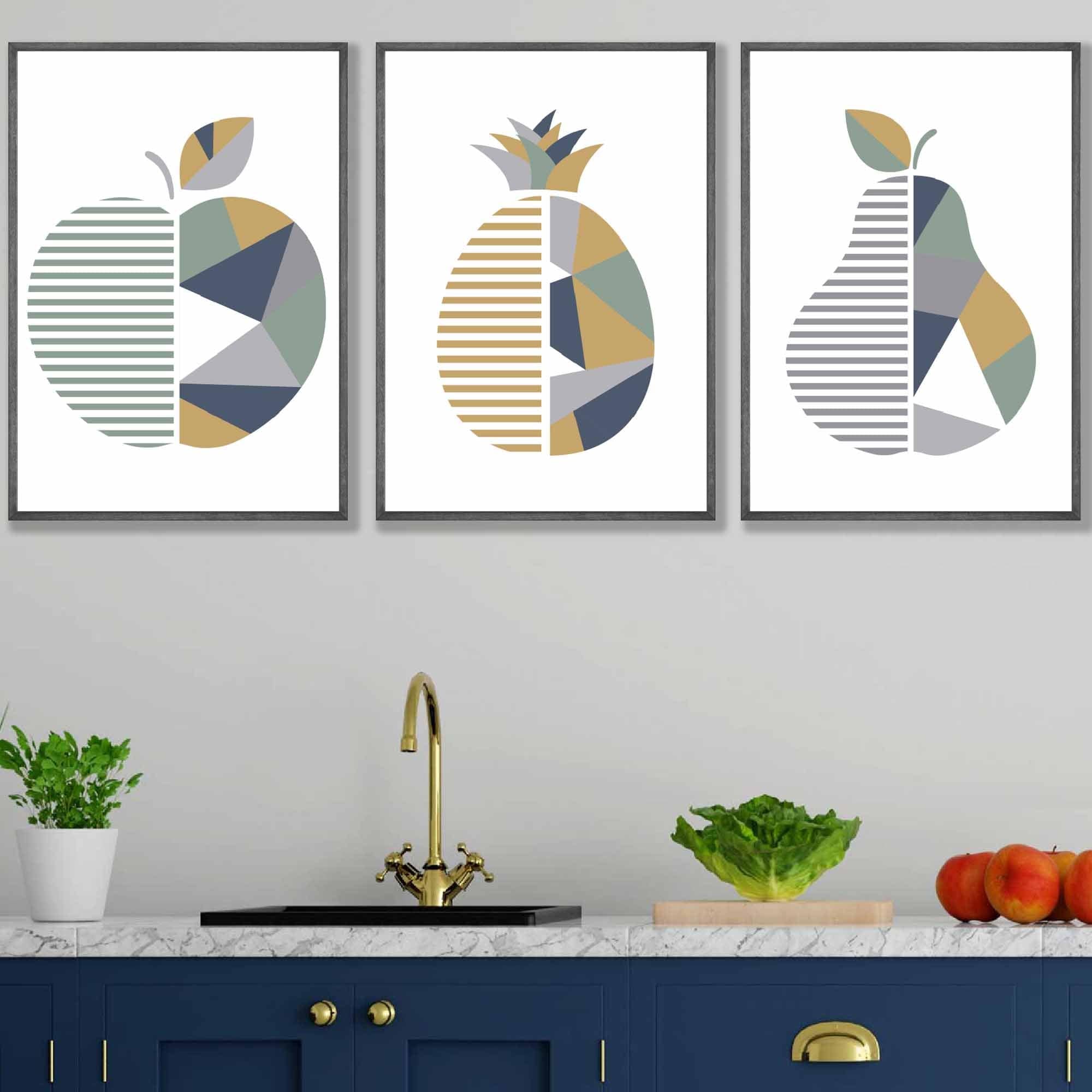 Set of 3 Sage Green, Navy, Mustard Geometric Kitchen Fruit Wall Art