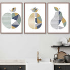 Set of 3 FRAMED Geometric  Fruit Kitchen Wall Art in Sage Green, Navy, Yellow | Artze Wall Art UK