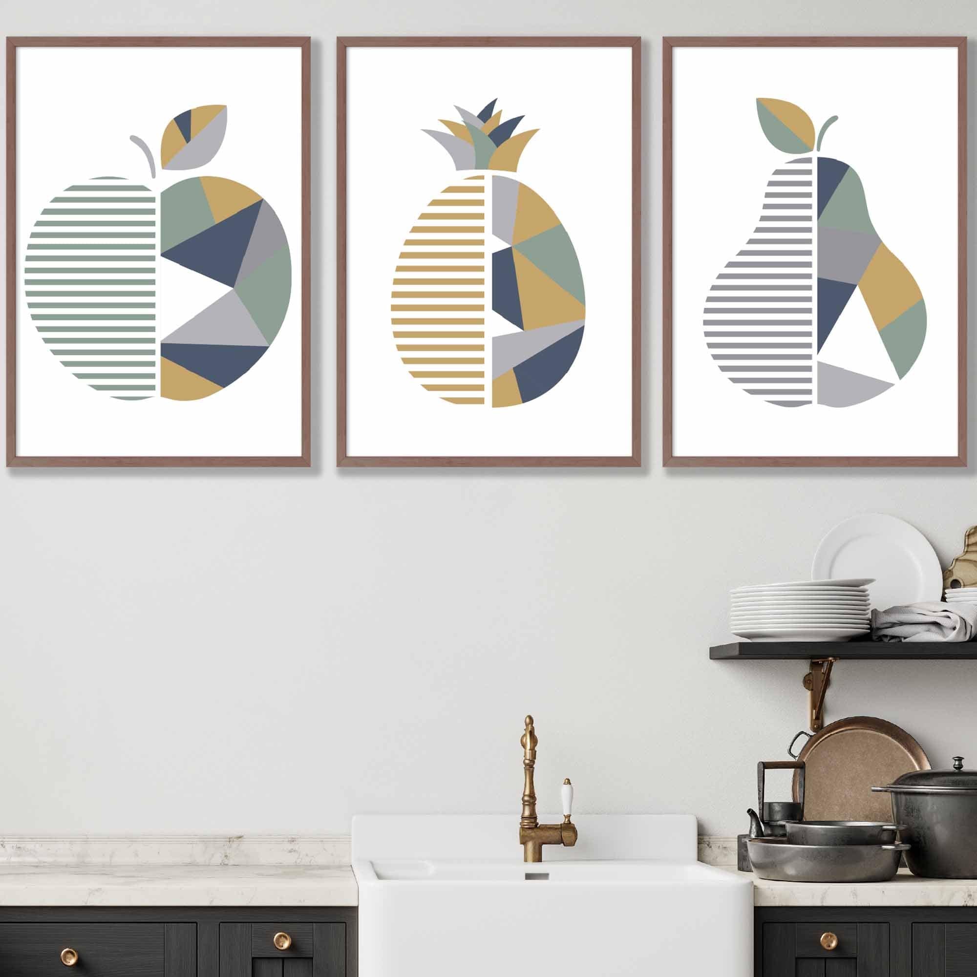 Set of 3 FRAMED Geometric  Fruit Kitchen Wall Art in Sage Green, Navy, Yellow | Artze Wall Art UK