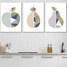 Set of 3 FRAMED Geometric  Fruit Kitchen Wall Art in Sage Green, Navy, Yellow | Artze Wall Art UK
