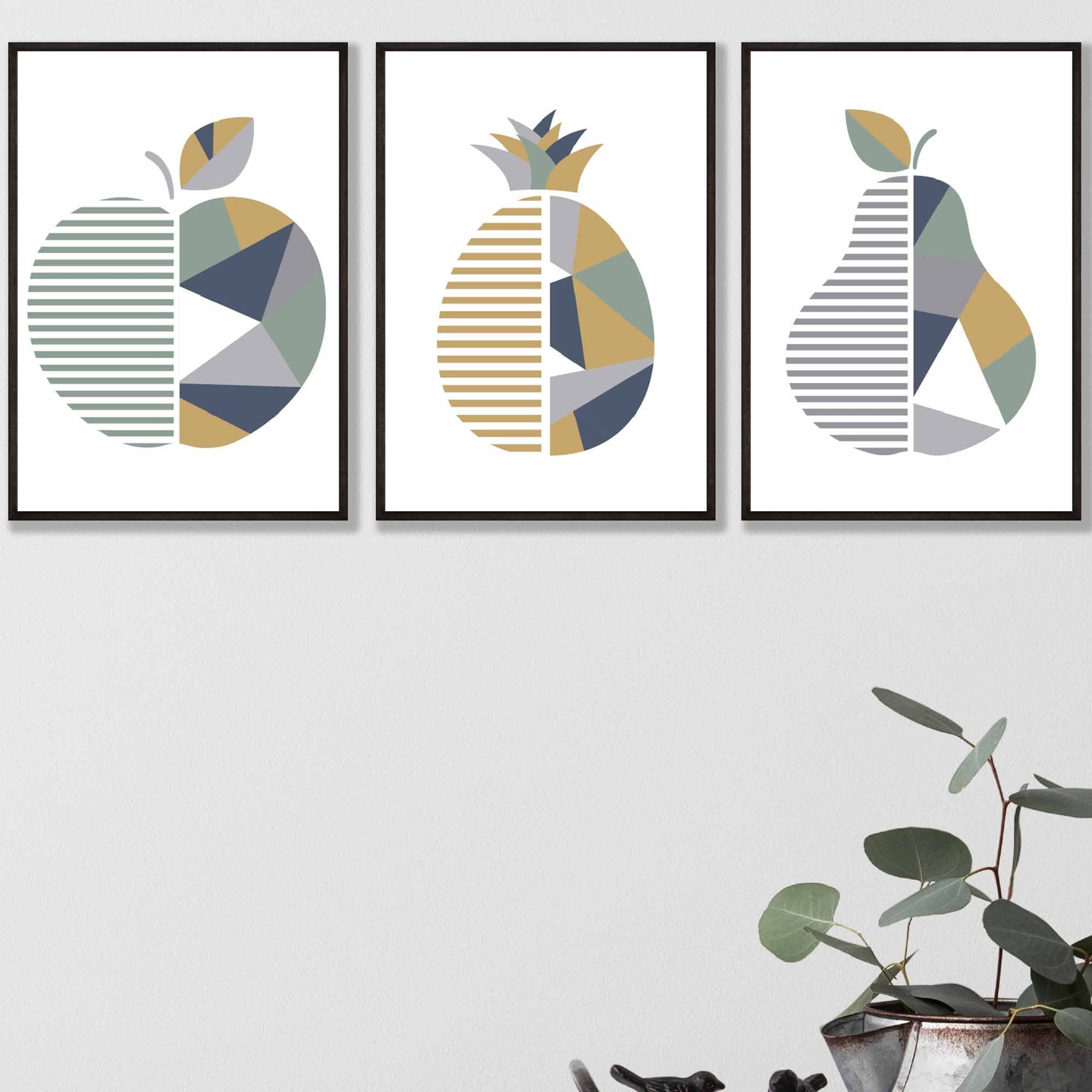 Set of 3 Sage Green, Navy, Mustard Geometric Kitchen Fruit Wall Art