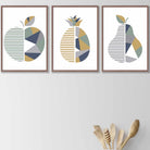 Set of 3 Sage Green, Navy, Mustard Geometric Kitchen Fruit Wall Art