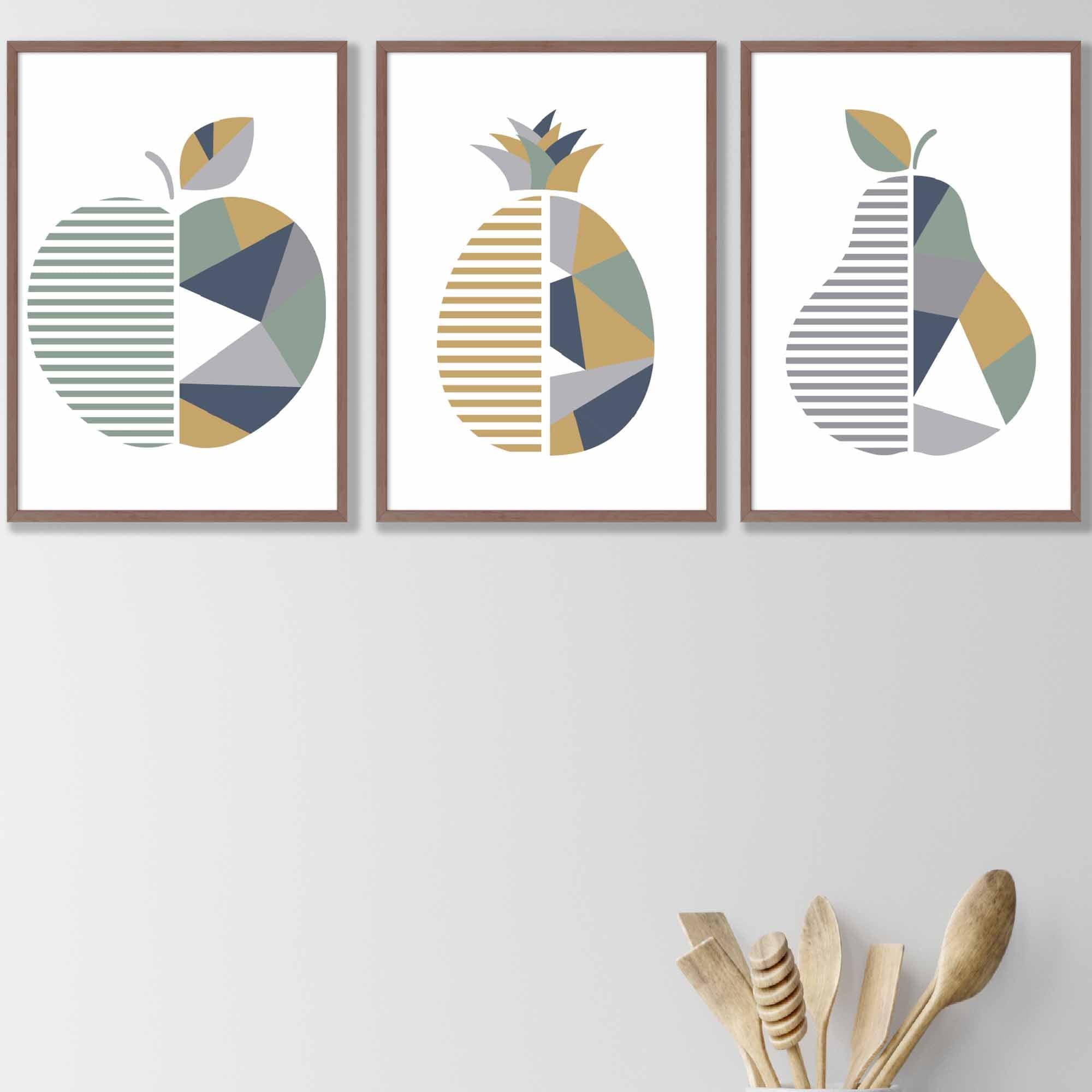 Set of 3 Sage Green, Navy, Mustard Geometric Kitchen Fruit Wall Art