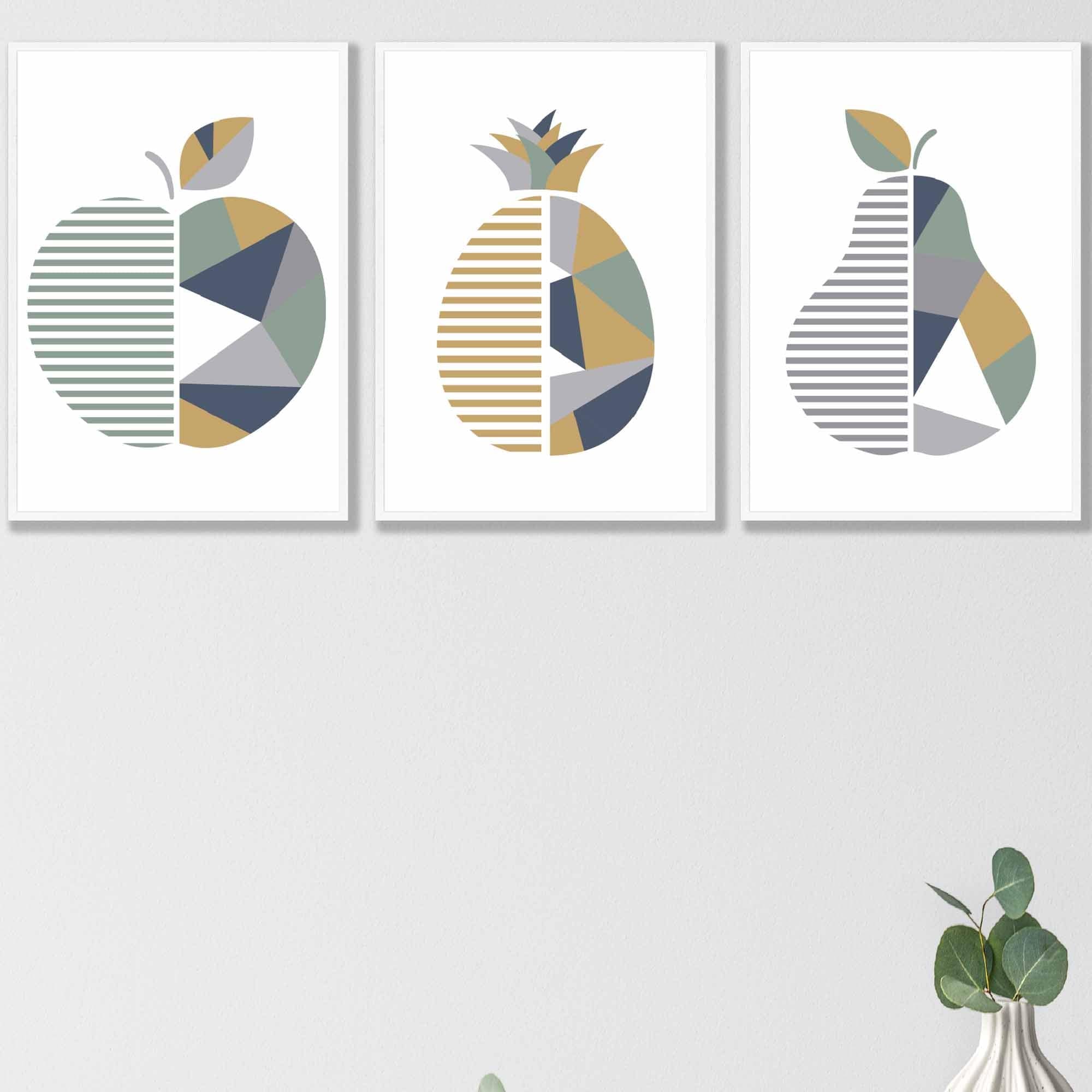 Set of 3 Sage Green, Navy, Mustard Geometric Kitchen Fruit Wall Art
