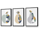 Set of 3 FRAMED Geometric  Fruit Kitchen Wall Art in Sage Green, Navy, Yellow | Artze Wall Art UK