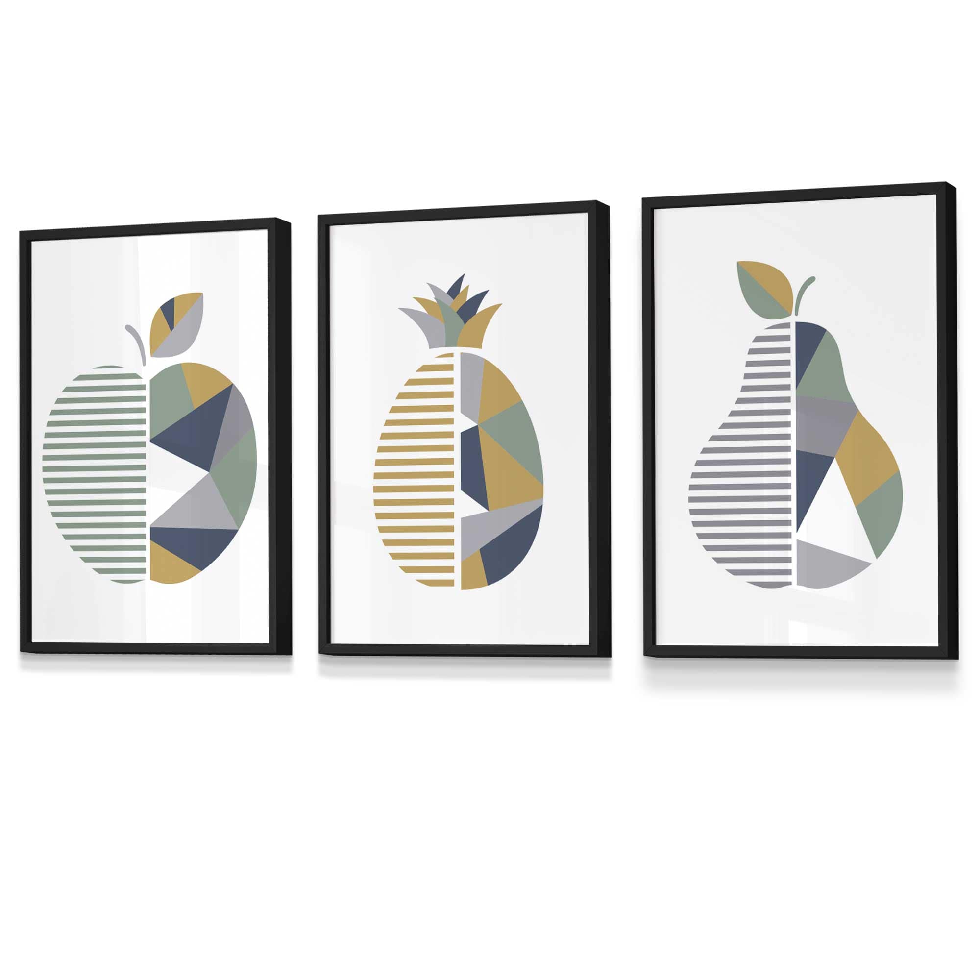 Set of 3 FRAMED Geometric  Fruit Kitchen Wall Art in Sage Green, Navy, Yellow | Artze Wall Art UK