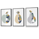 Set of 3 FRAMED Geometric  Fruit Kitchen Wall Art in Sage Green, Navy, Yellow | Artze Wall Art UK