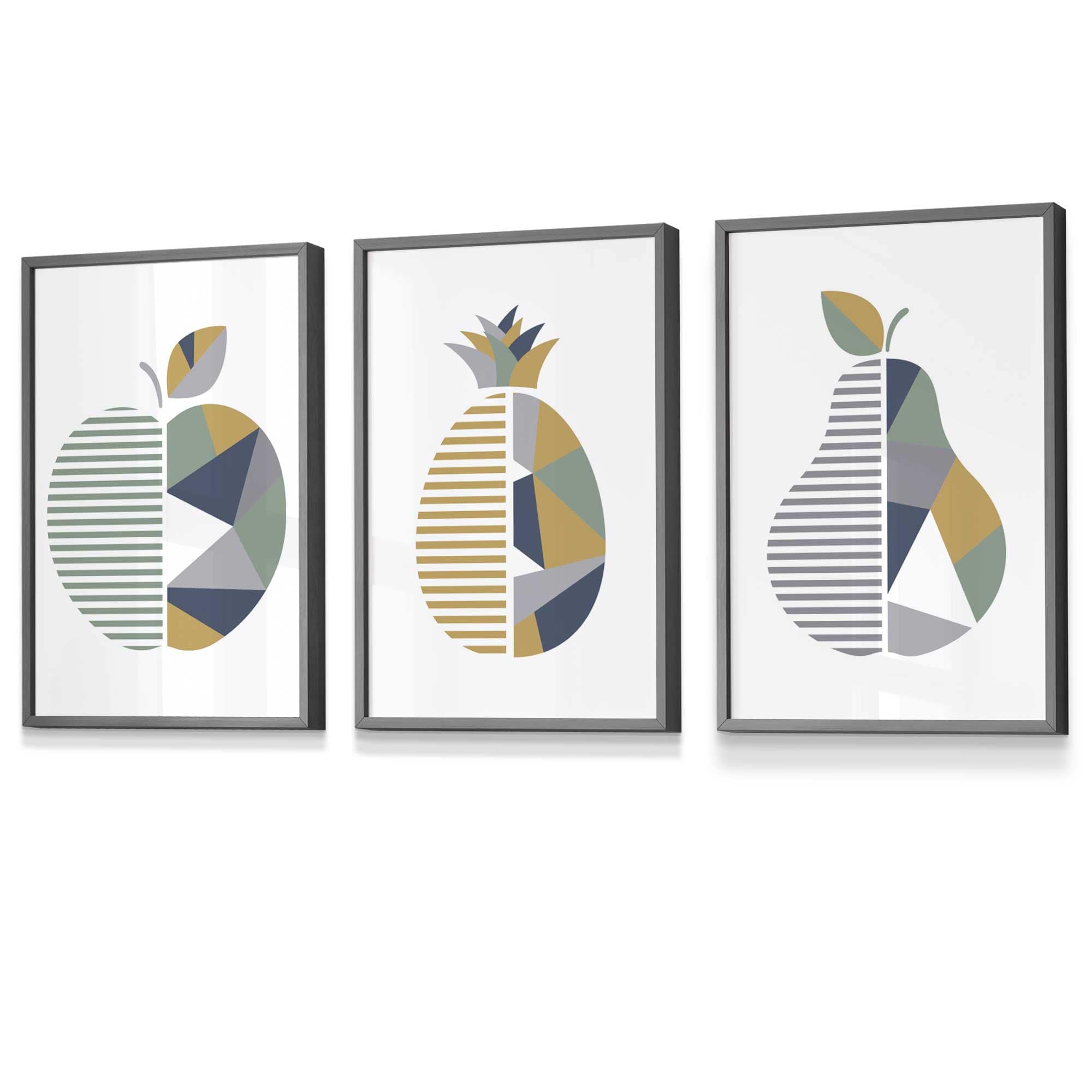Set of 3 FRAMED Geometric  Fruit Kitchen Wall Art in Sage Green, Navy, Yellow | Artze Wall Art UK
