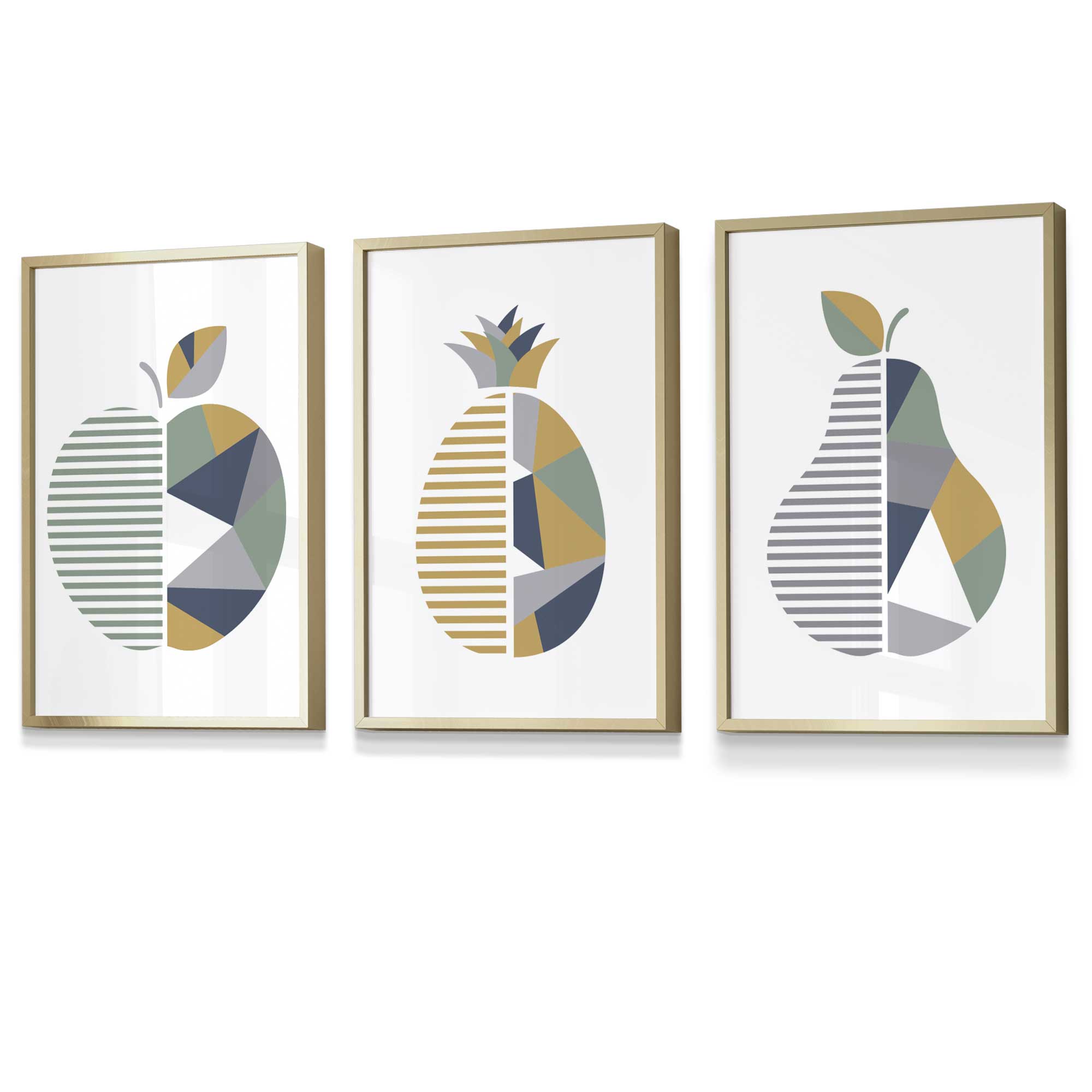 Set of 3 FRAMED Geometric  Fruit Kitchen Wall Art in Sage Green, Navy, Yellow | Artze Wall Art UK