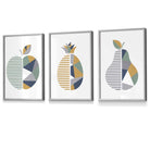 Set of 3 FRAMED Geometric  Fruit Kitchen Wall Art in Sage Green, Navy, Yellow | Artze Wall Art UK