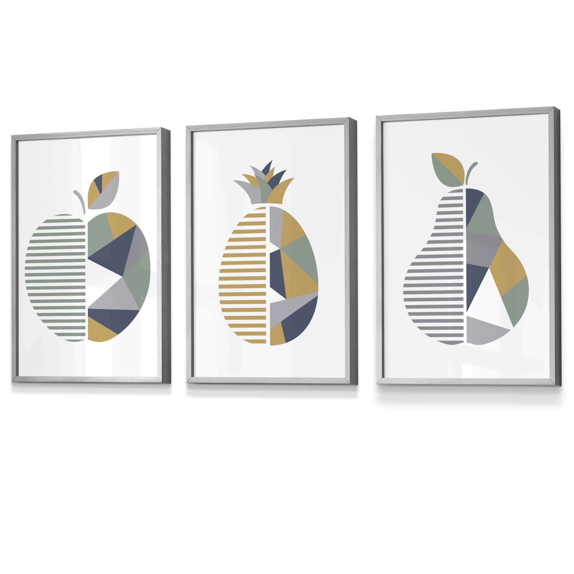 Set of 3 FRAMED Geometric  Fruit Kitchen Wall Art in Sage Green, Navy, Yellow | Artze Wall Art UK