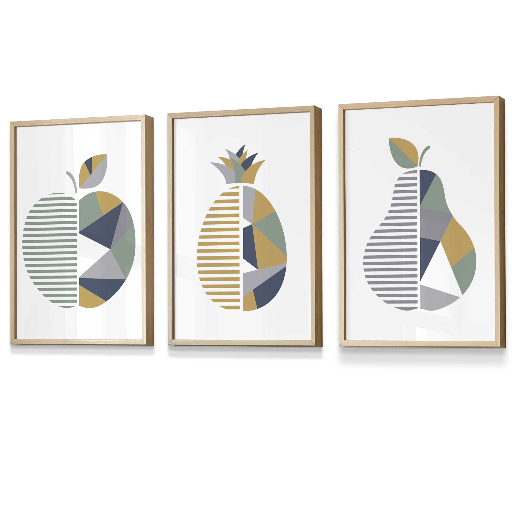 Set of 3 FRAMED Geometric  Fruit Kitchen Wall Art in Sage Green, Navy, Yellow | Artze Wall Art UK