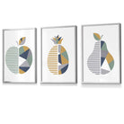 Set of 3 FRAMED Geometric  Fruit Kitchen Wall Art in Sage Green, Navy, Yellow | Artze Wall Art UK