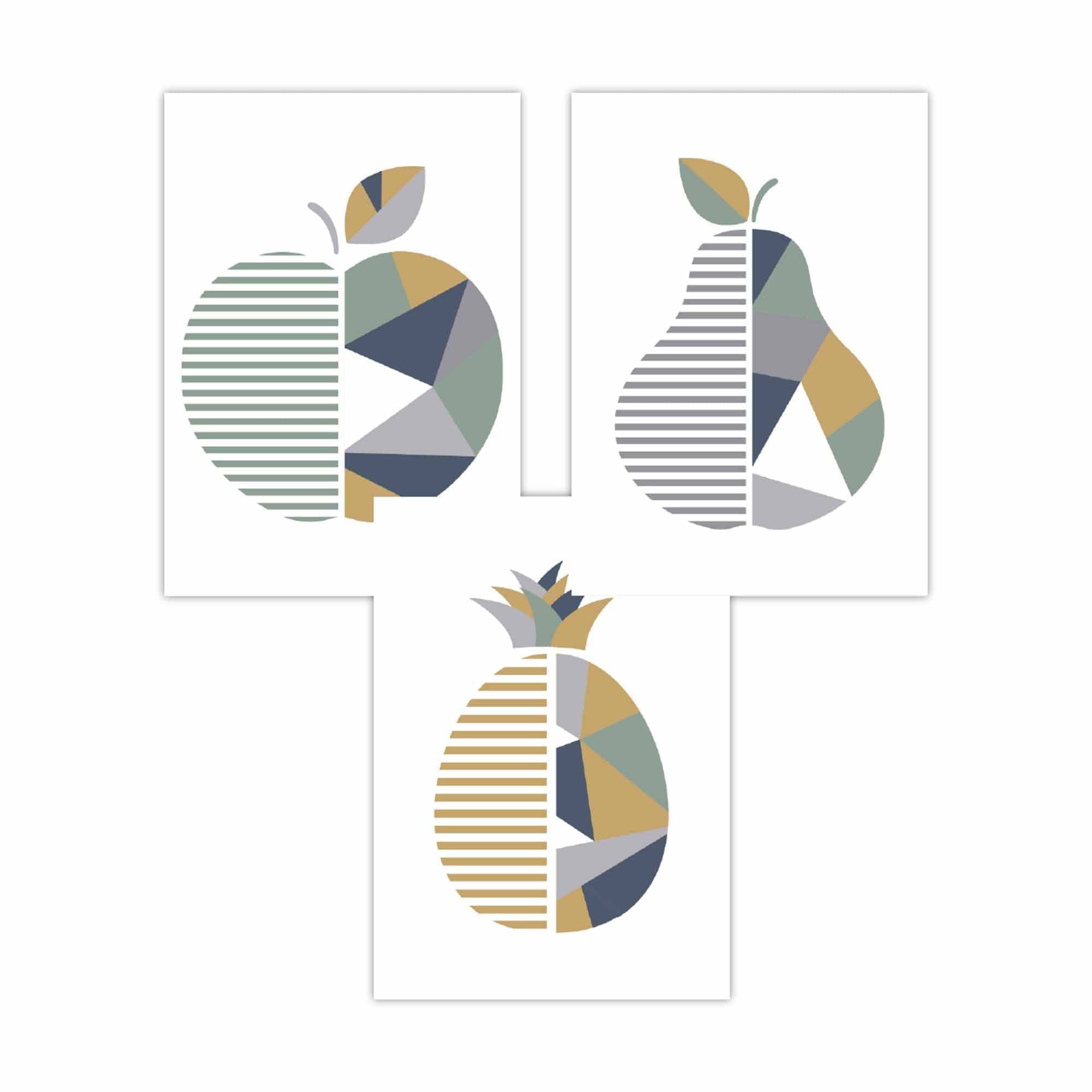 Set of 3 Sage Green, Navy, Mustard Geometric Kitchen Fruit Wall Art