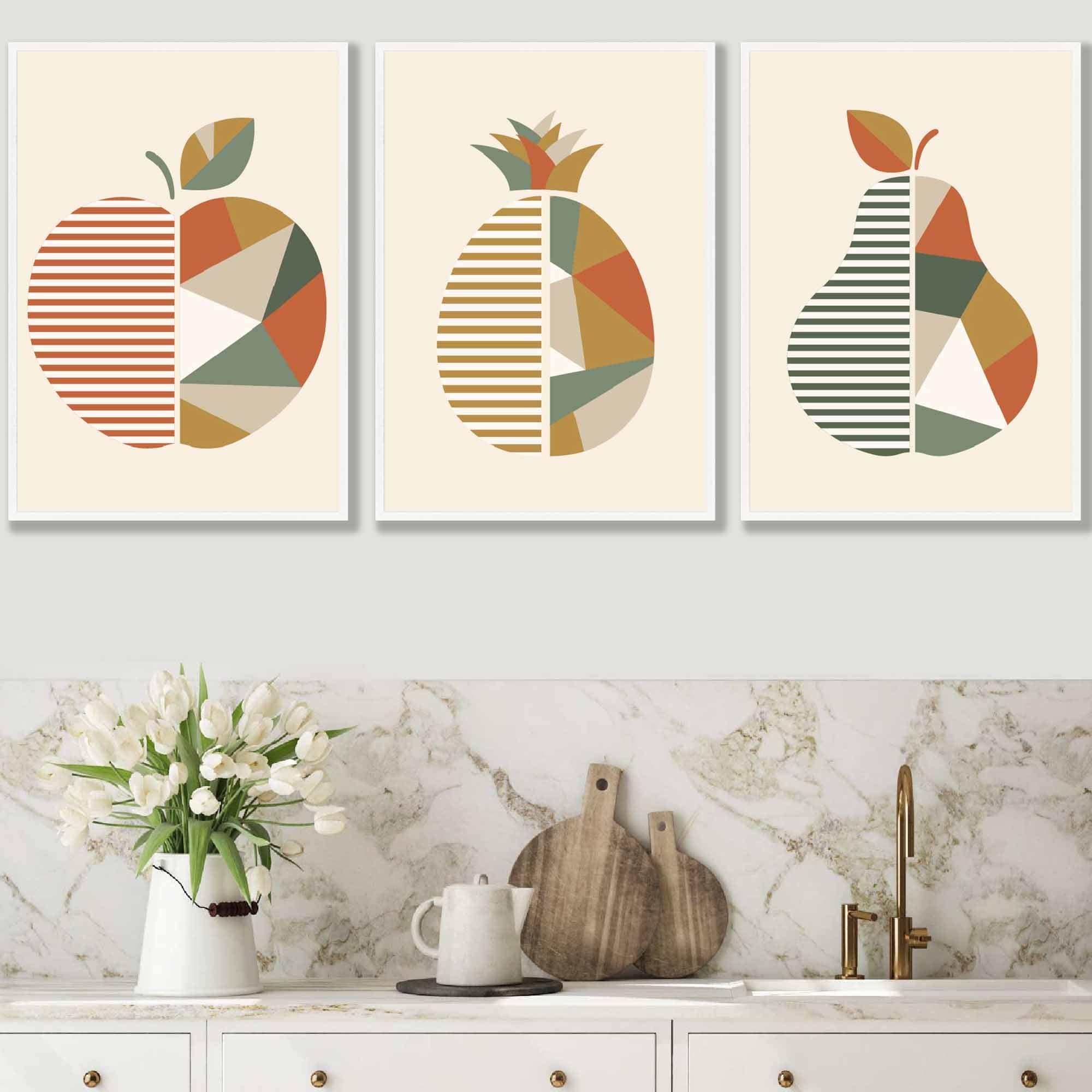 Set of 3 Autumn Geometric Apple Pear Fruit Wall Art