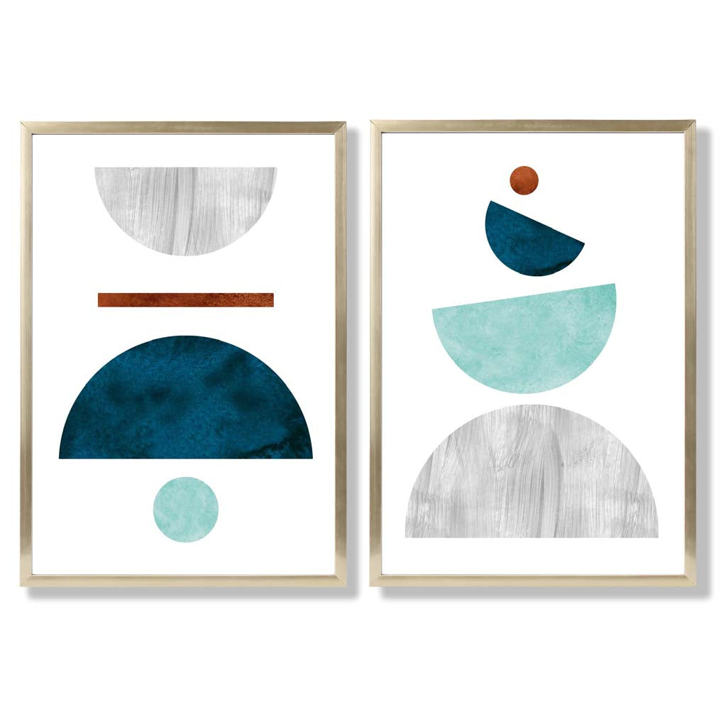 Mid Century Modern Aqua and Grey Set of 2 Art Prints with Gold Frame