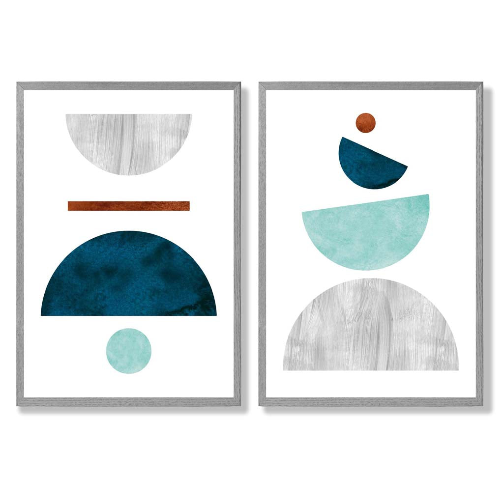 Mid Century Modern Aqua and Grey Set of 2 Art Prints with Light Grey Frame
