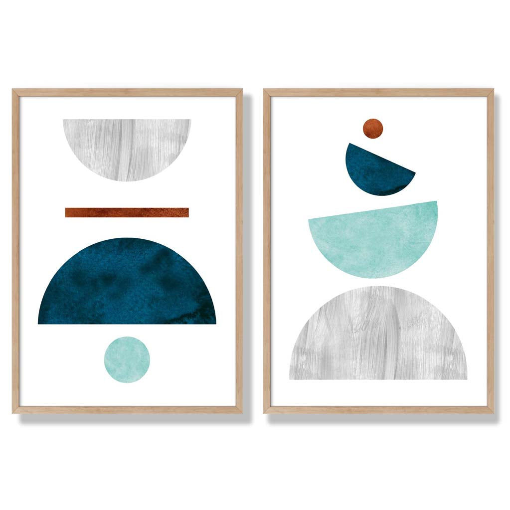 Mid Century Modern Aqua and Grey Set of 2 Art Prints with Oak Frame