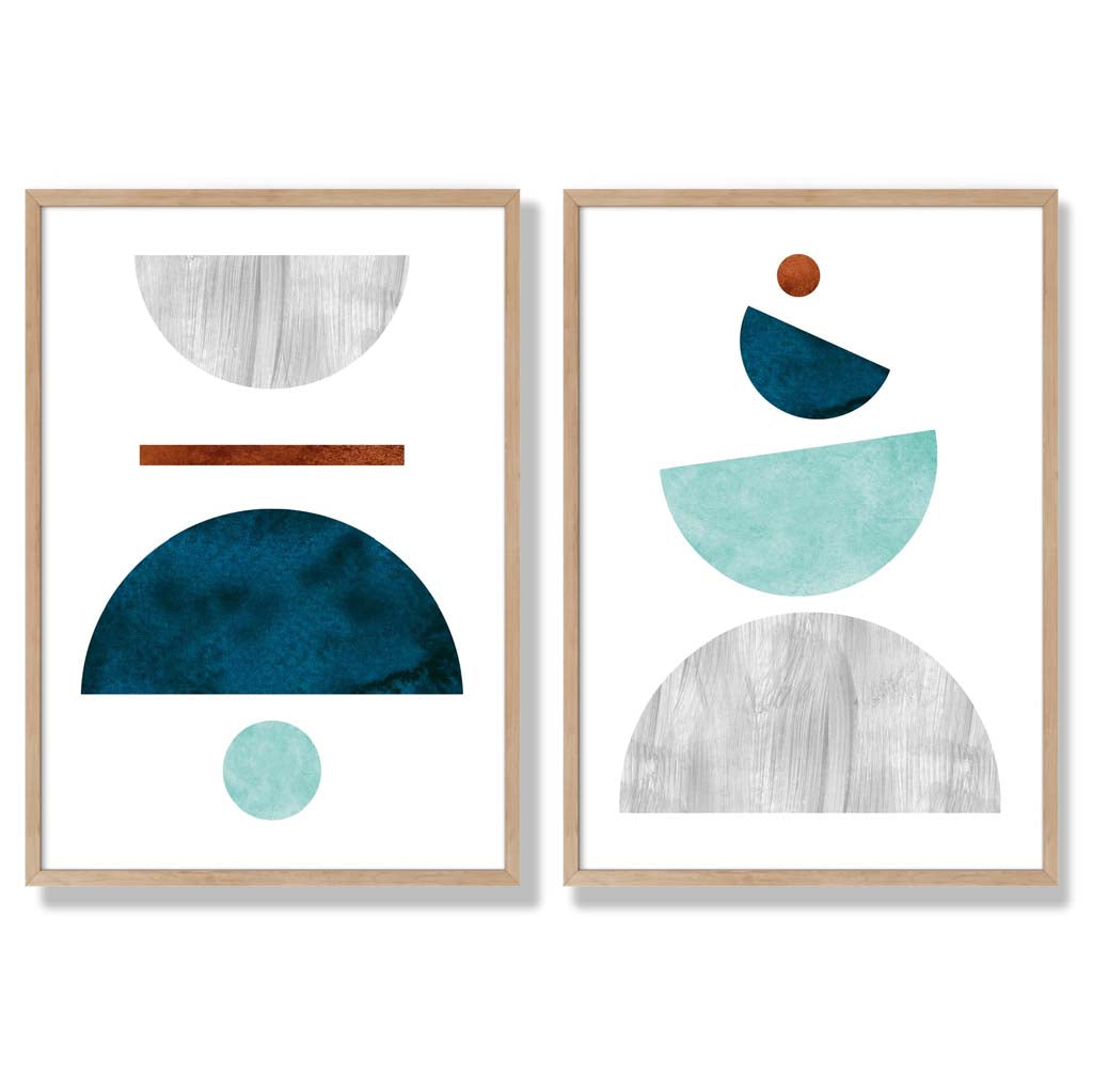 Mid Century Modern Aqua and Grey Set of 2 Art Prints with Oak Frame