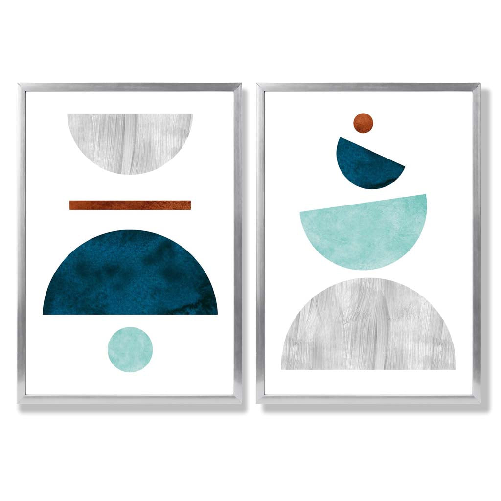 Mid Century Modern Aqua and Grey Set of 2 Art Prints with Silver Frame