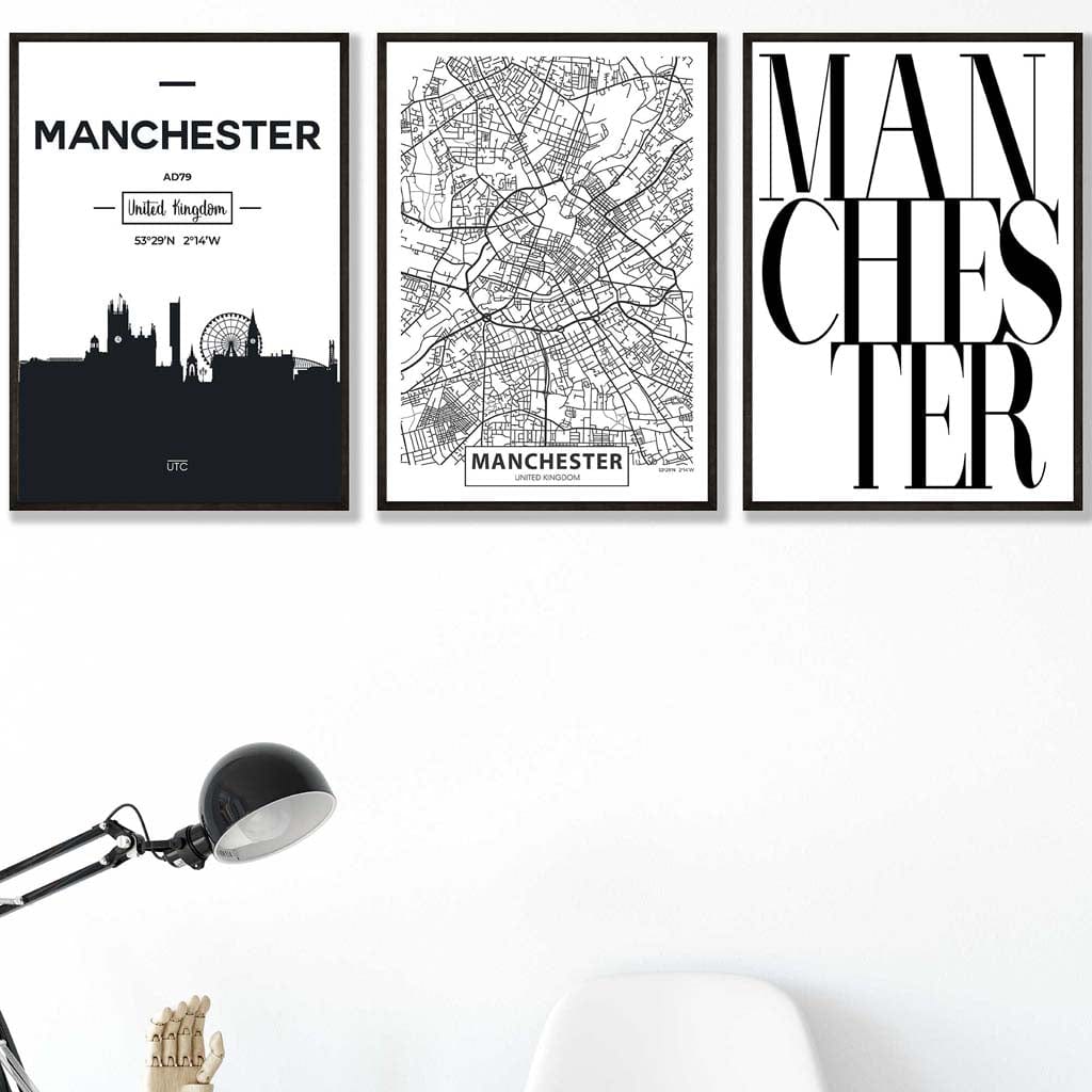 Set of 3 Manchester Skyline Street Map City Prints