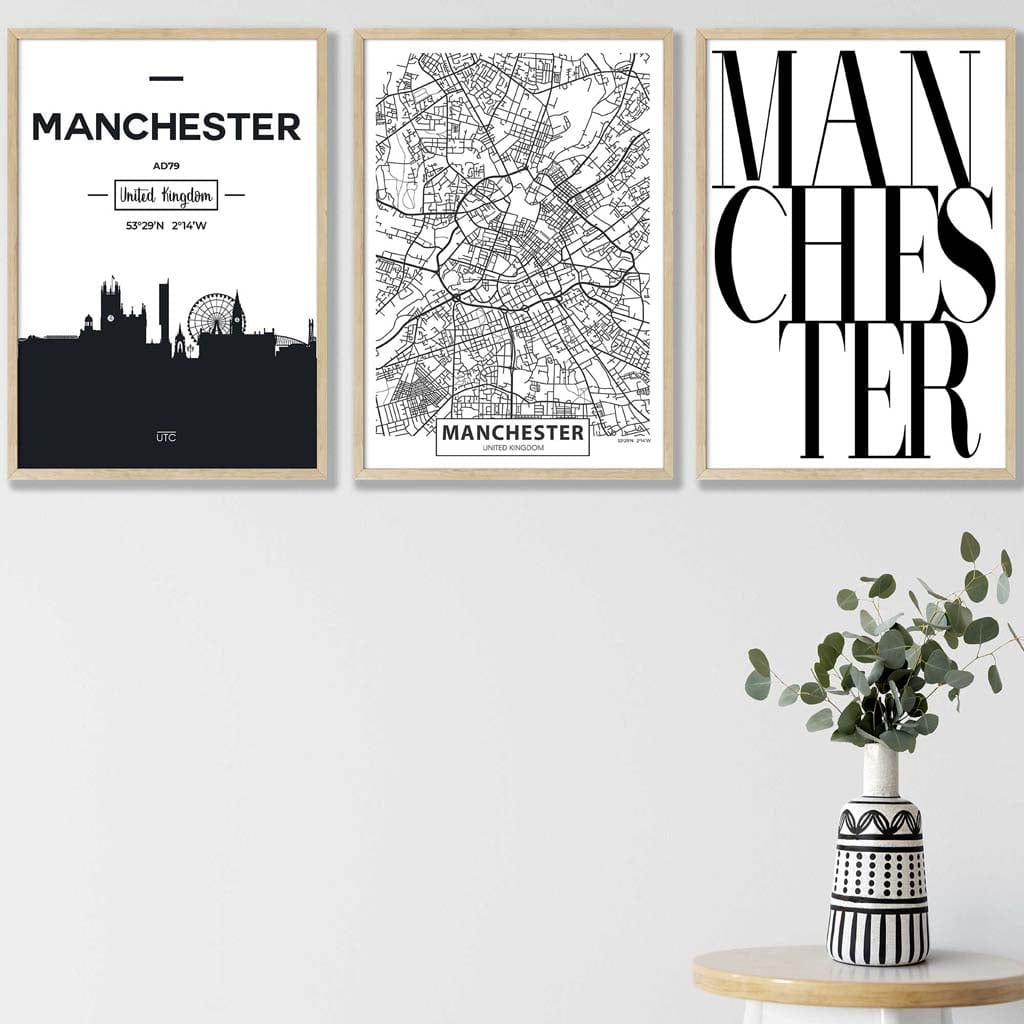 Set of 3 Manchester Skyline Street Map City Prints