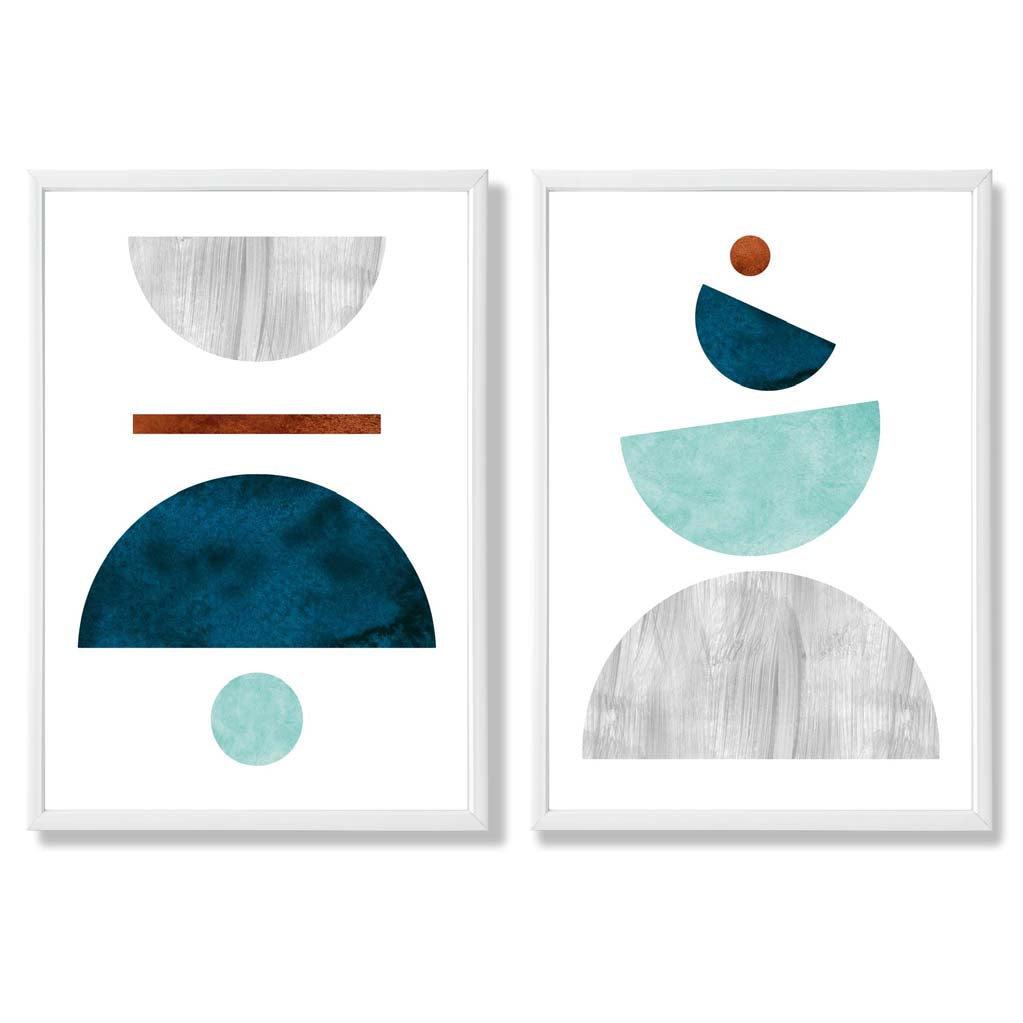 Mid Century Modern Aqua and Grey Set of 2 Art Prints with White Frame