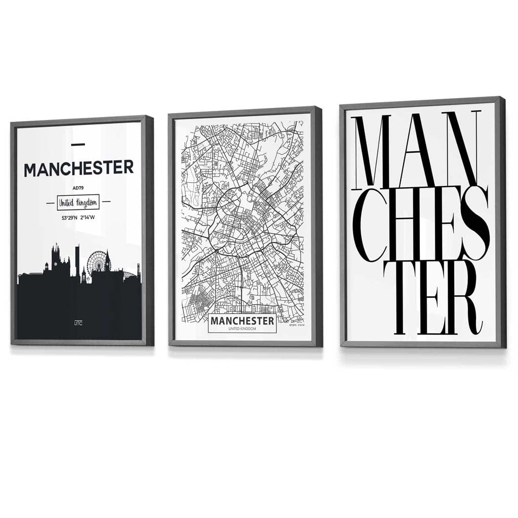 Framed Set of 3 Manchester City Skyline Prints | Artze Wall Art UK