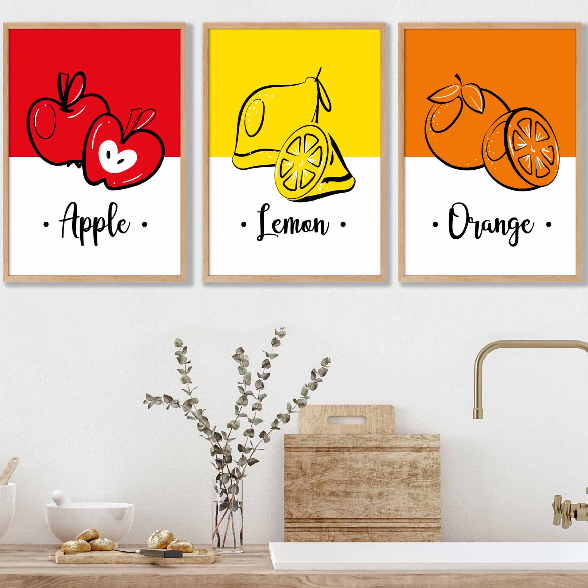 Set of 3 FRAMED Colourful Red Apple, Yellow Lemon, Orange Fruit Kitchen Wall Art | Artze Wall Art UK