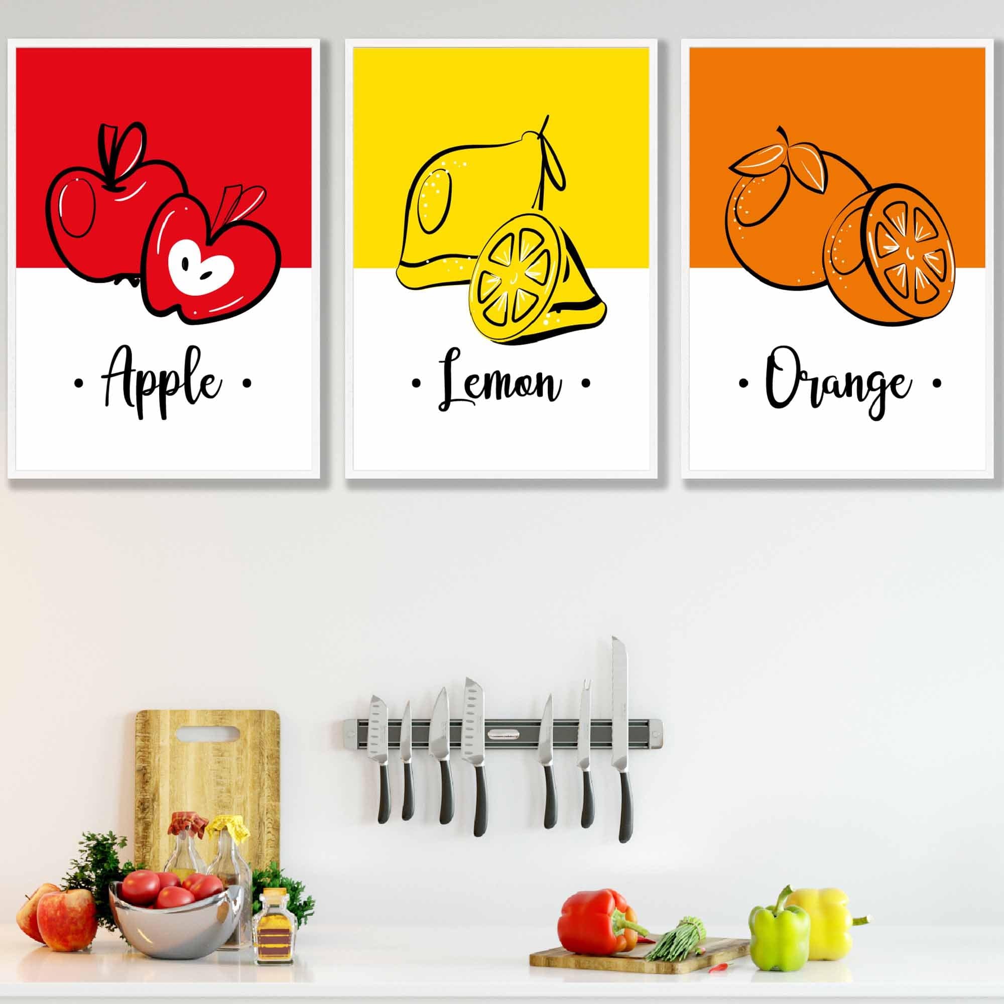 Set of 3 Colourful Red, Yellow, Orange Fruit Kitchen Wall Art