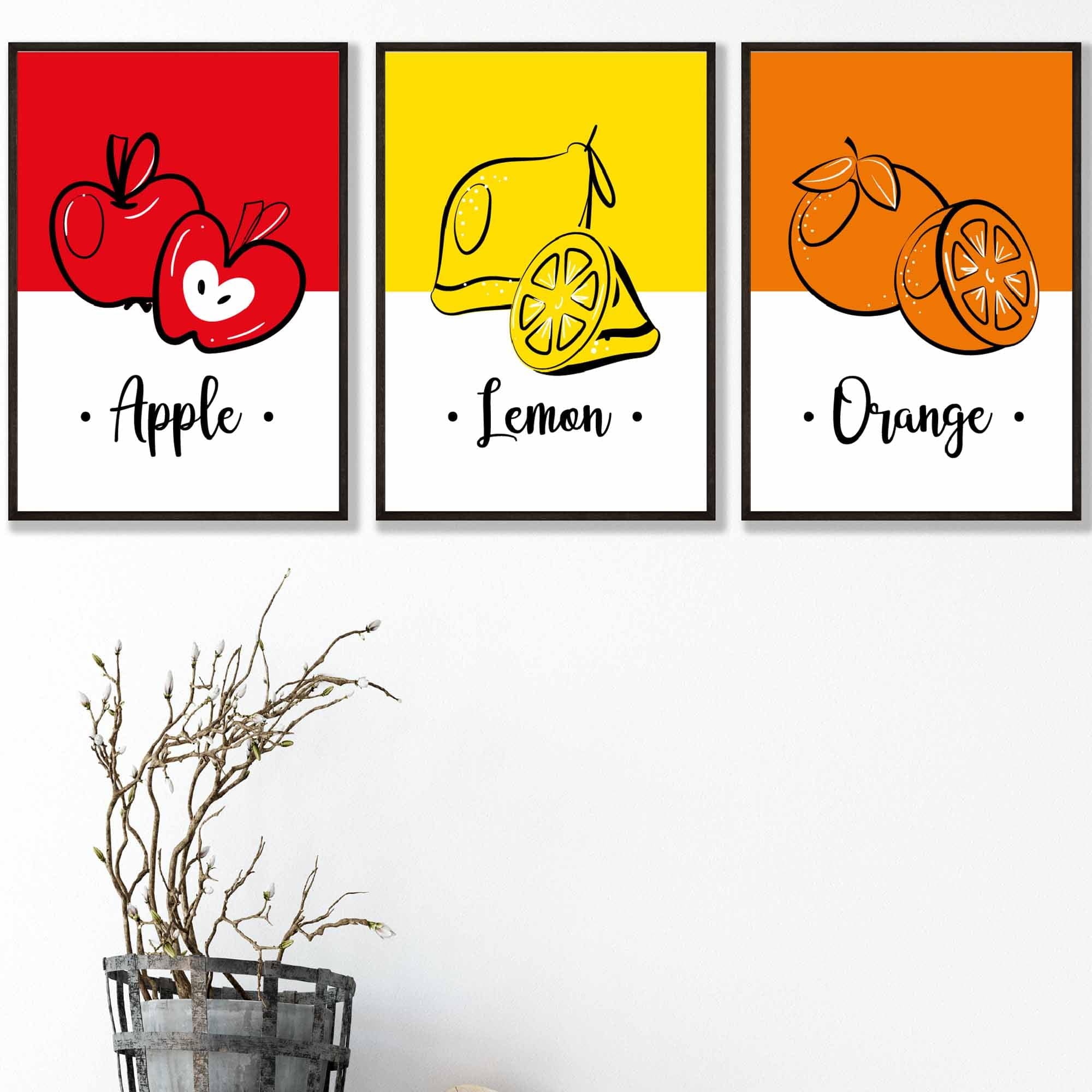 Set of 3 Colourful Red, Yellow, Orange Fruit Kitchen Wall Art