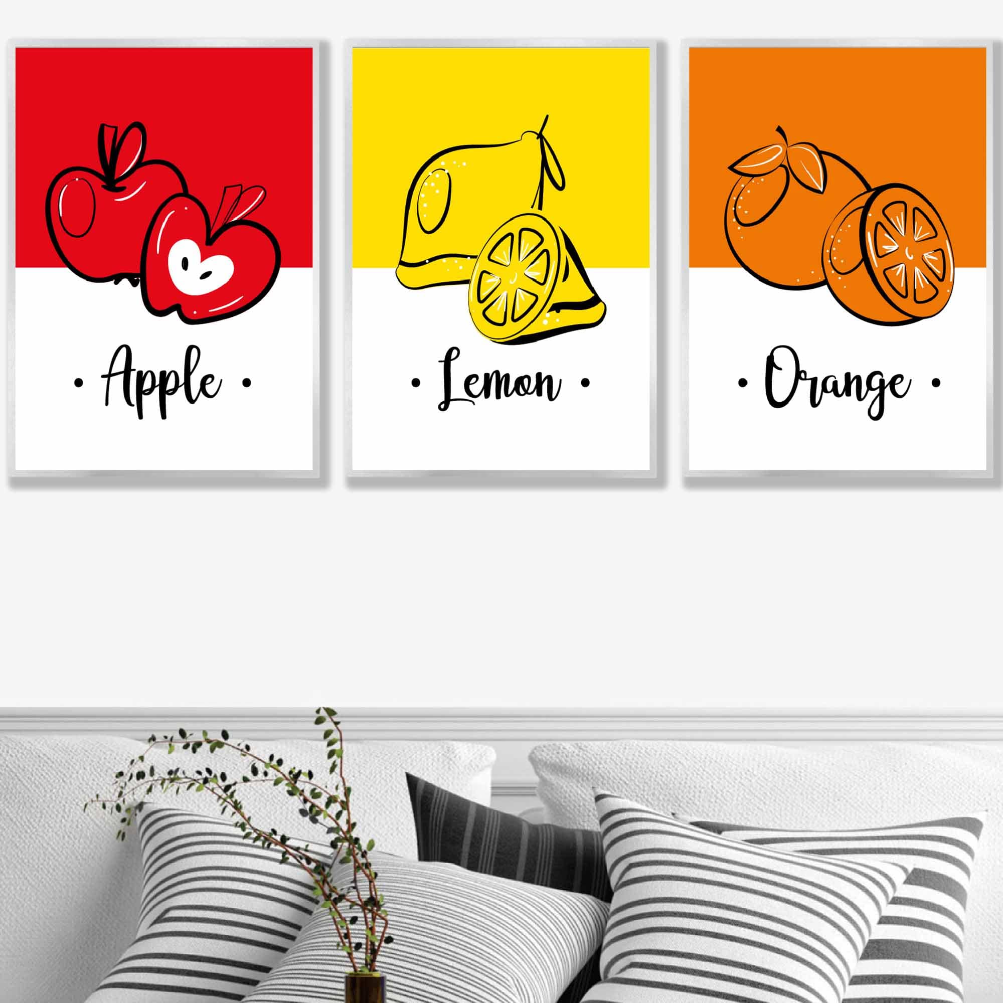 Set of 3 Colourful Red, Yellow, Orange Fruit Kitchen Wall Art