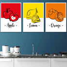Set of 3 FRAMED Colourful Red Apple, Yellow Lemon, Orange Fruit Kitchen Wall Art | Artze Wall Art UK