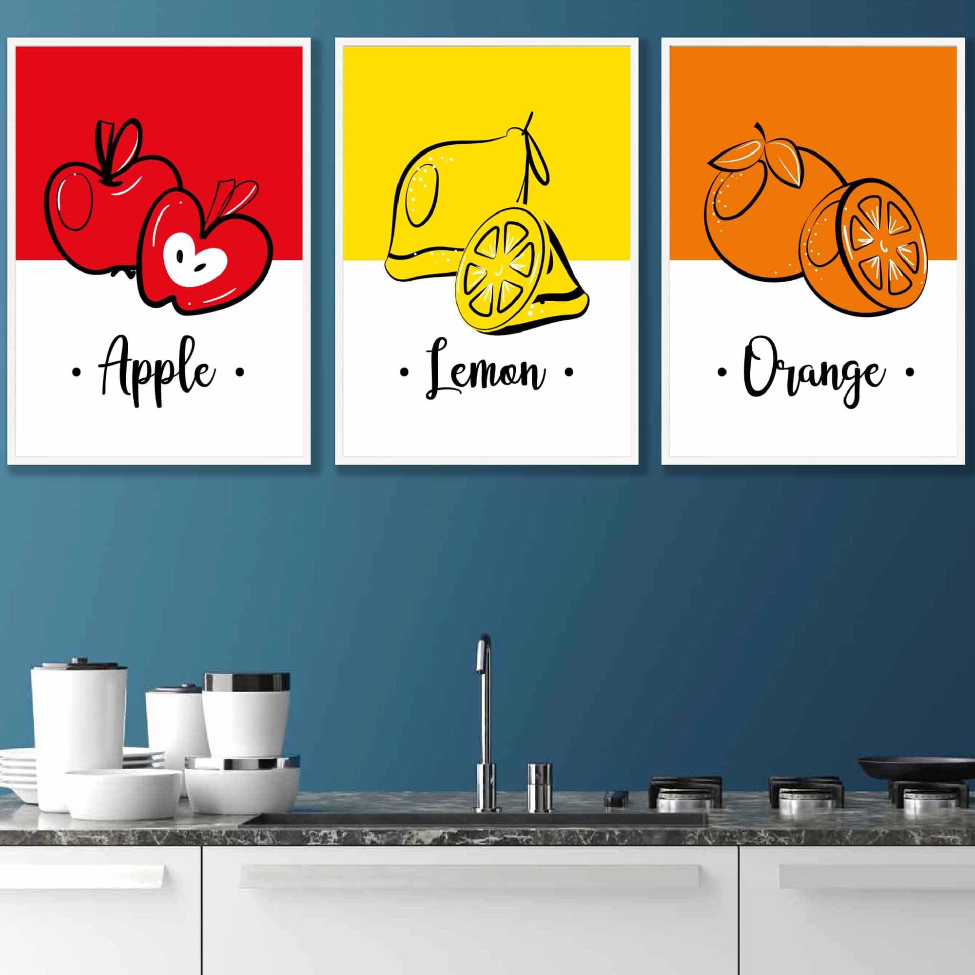 Set of 3 FRAMED Colourful Red Apple, Yellow Lemon, Orange Fruit Kitchen Wall Art | Artze Wall Art UK