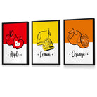Set of 3 FRAMED Colourful Red Apple, Yellow Lemon, Orange Fruit Kitchen Wall Art | Artze Wall Art UK