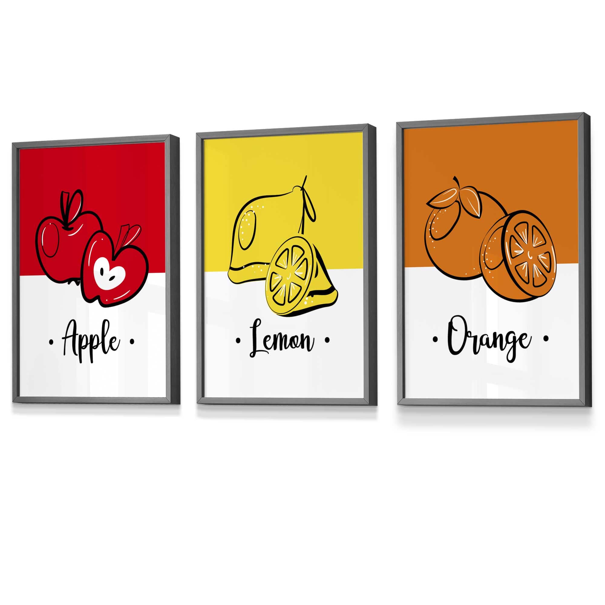 Set of 3 FRAMED Colourful Red Apple, Yellow Lemon, Orange Fruit Kitchen Wall Art | Artze Wall Art UK