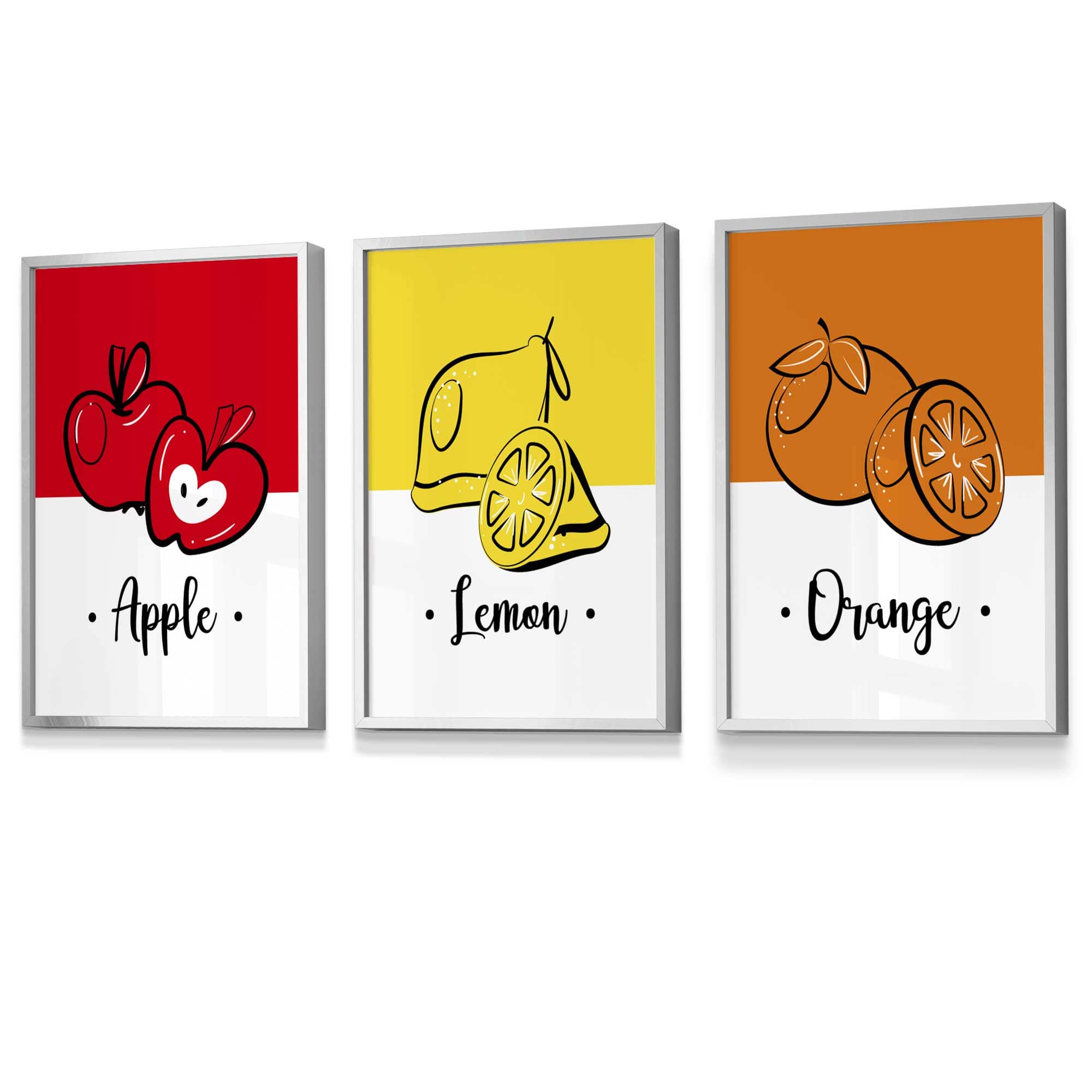 Set of 3 FRAMED Colourful Red Apple, Yellow Lemon, Orange Fruit Kitchen Wall Art | Artze Wall Art UK