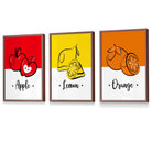 Set of 3 FRAMED Colourful Red Apple, Yellow Lemon, Orange Fruit Kitchen Wall Art | Artze Wall Art UK