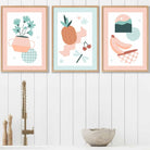 Set of 3 Framed Boho Kitchen Wall Art in Pastel Peach and Mint Green | Artze Wall Art UK