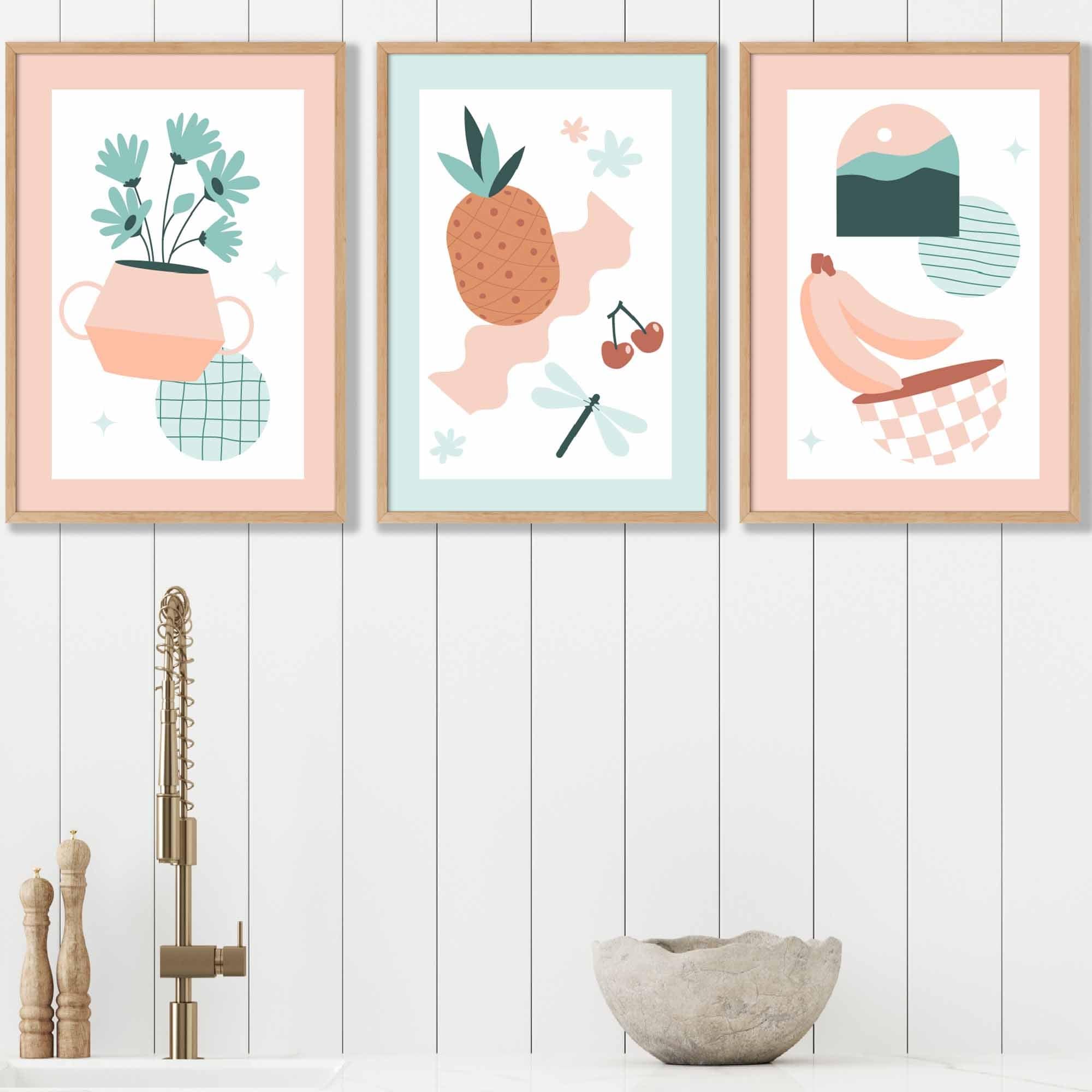 Set of 3 Framed Boho Kitchen Wall Art in Pastel Peach and Mint Green | Artze Wall Art UK