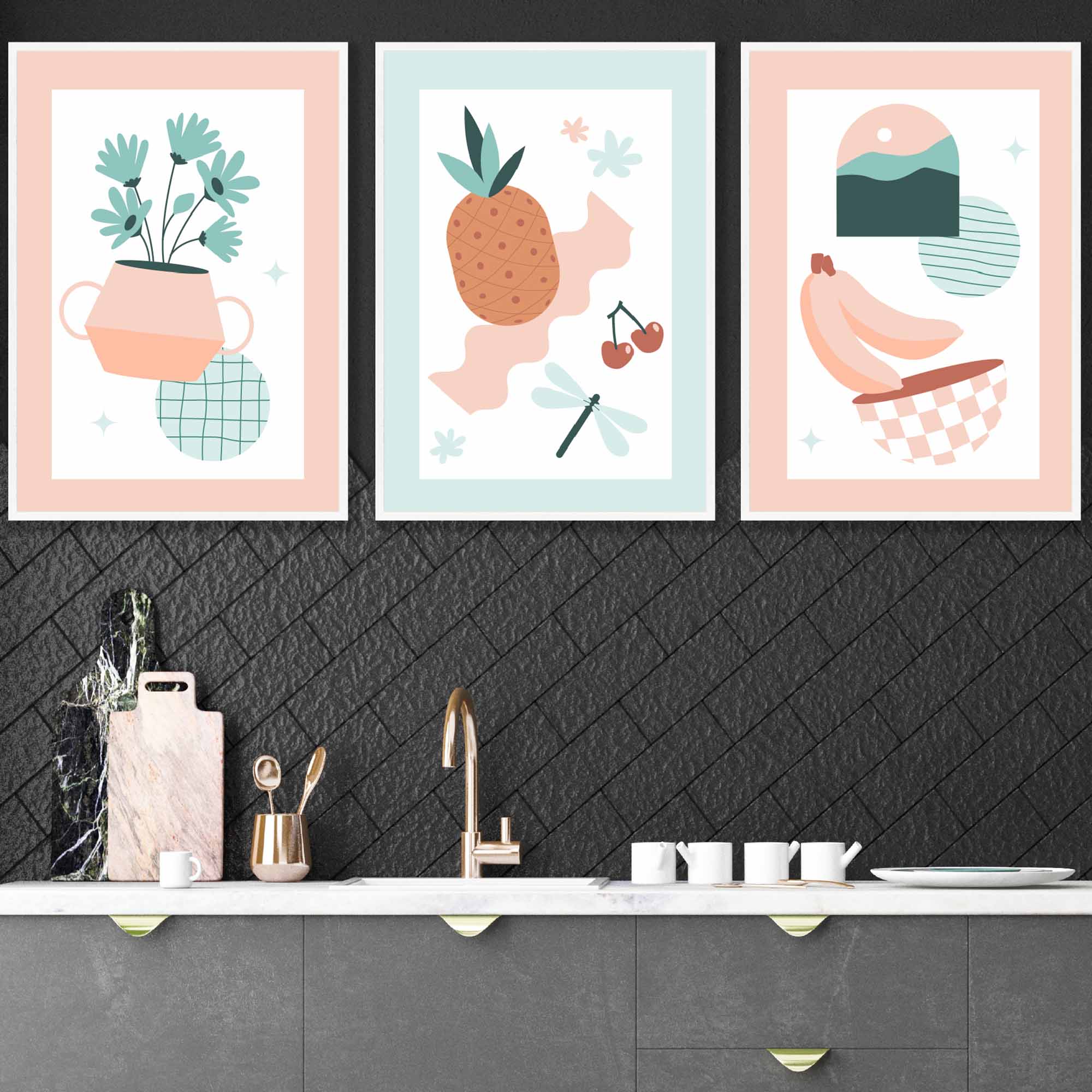 Set of 3 Framed Boho Kitchen Wall Art in Pastel Peach and Mint Green | Artze Wall Art UK