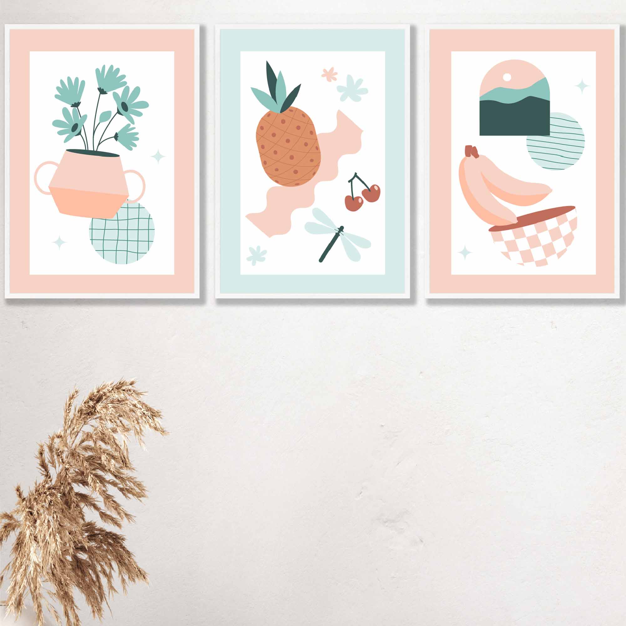 Set of 3 Pastel Boho Peach Mint Kitchen Wall Art