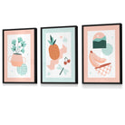 Set of 3 Framed Boho Kitchen Wall Art in Pastel Peach and Mint Green | Artze Wall Art UK