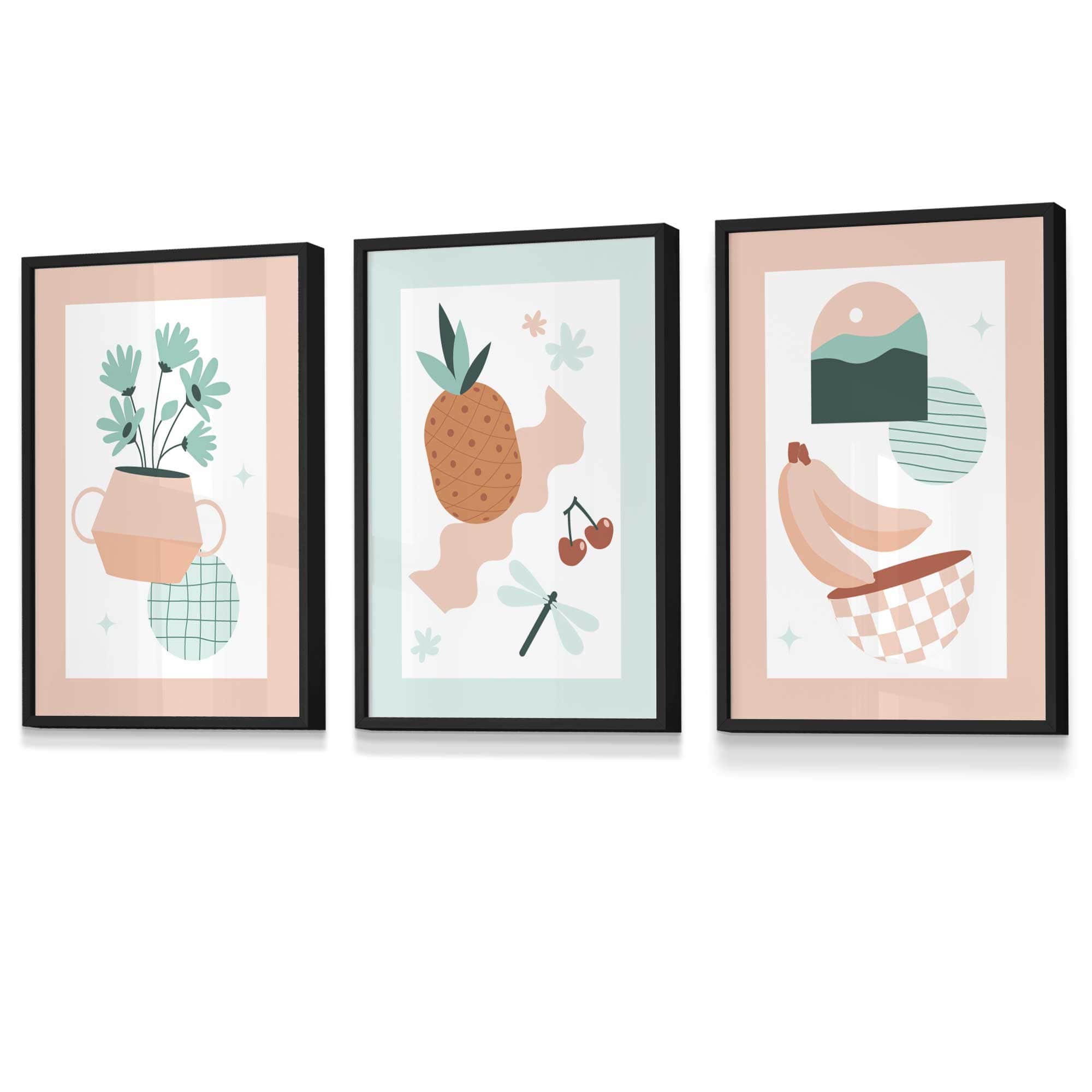 Set of 3 Framed Boho Kitchen Wall Art in Pastel Peach and Mint Green | Artze Wall Art UK