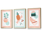 Set of 3 Framed Boho Kitchen Wall Art in Pastel Peach and Mint Green | Artze Wall Art UK