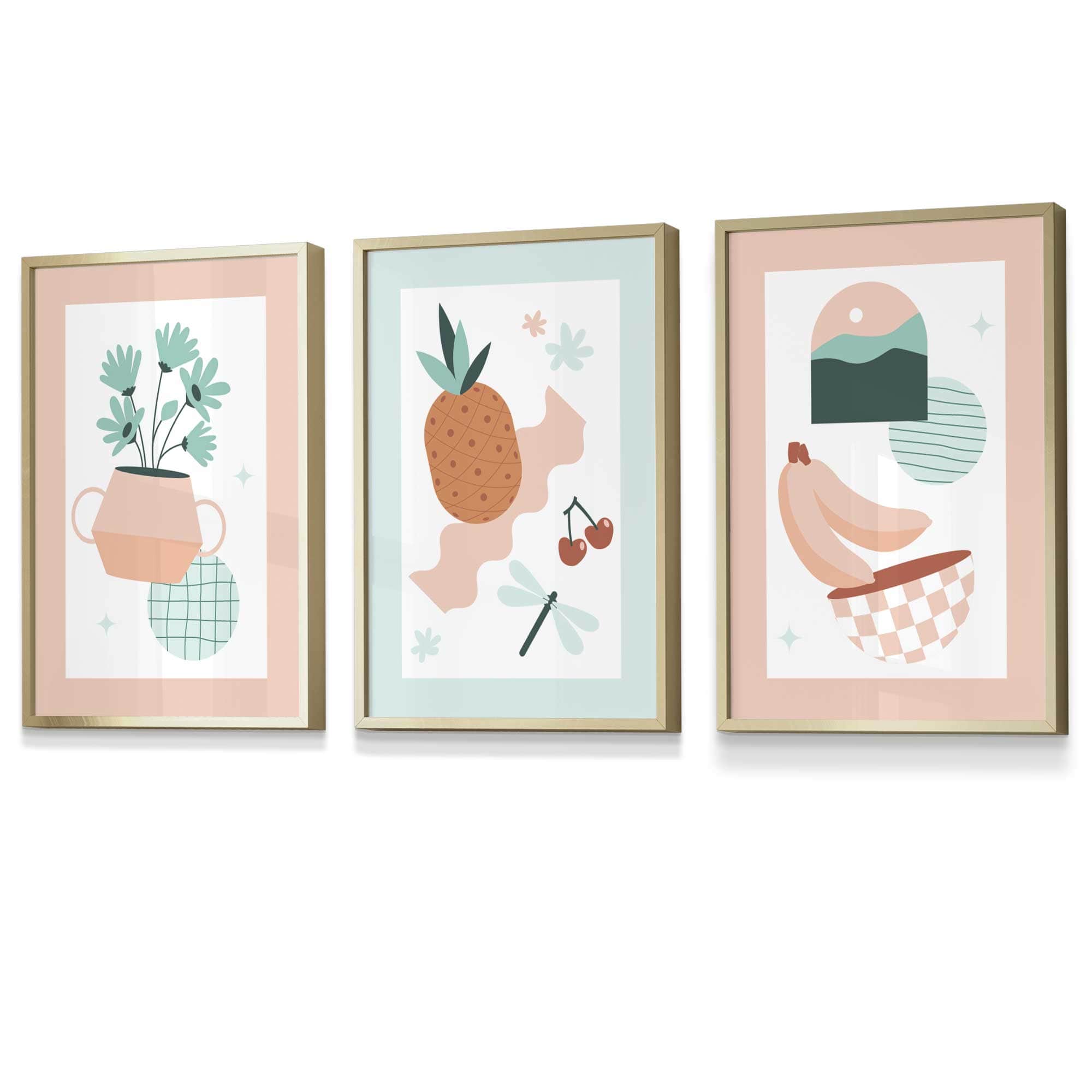 Set of 3 Framed Boho Kitchen Wall Art in Pastel Peach and Mint Green | Artze Wall Art UK