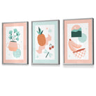 Set of 3 Framed Boho Kitchen Wall Art in Pastel Peach and Mint Green | Artze Wall Art UK