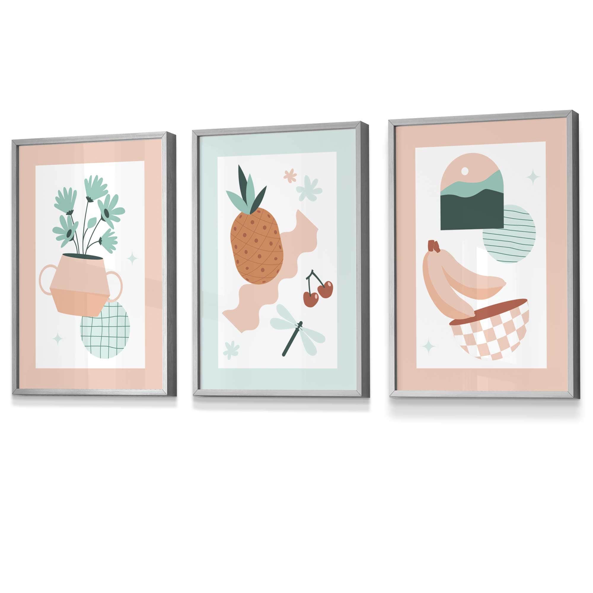 Set of 3 Framed Boho Kitchen Wall Art in Pastel Peach and Mint Green | Artze Wall Art UK